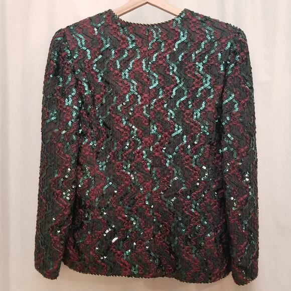VTG Lacey Sequin Jacket Union Tag Sz L Red Green Retro Elegant MOB Festive Glam - Picture 2 of 11